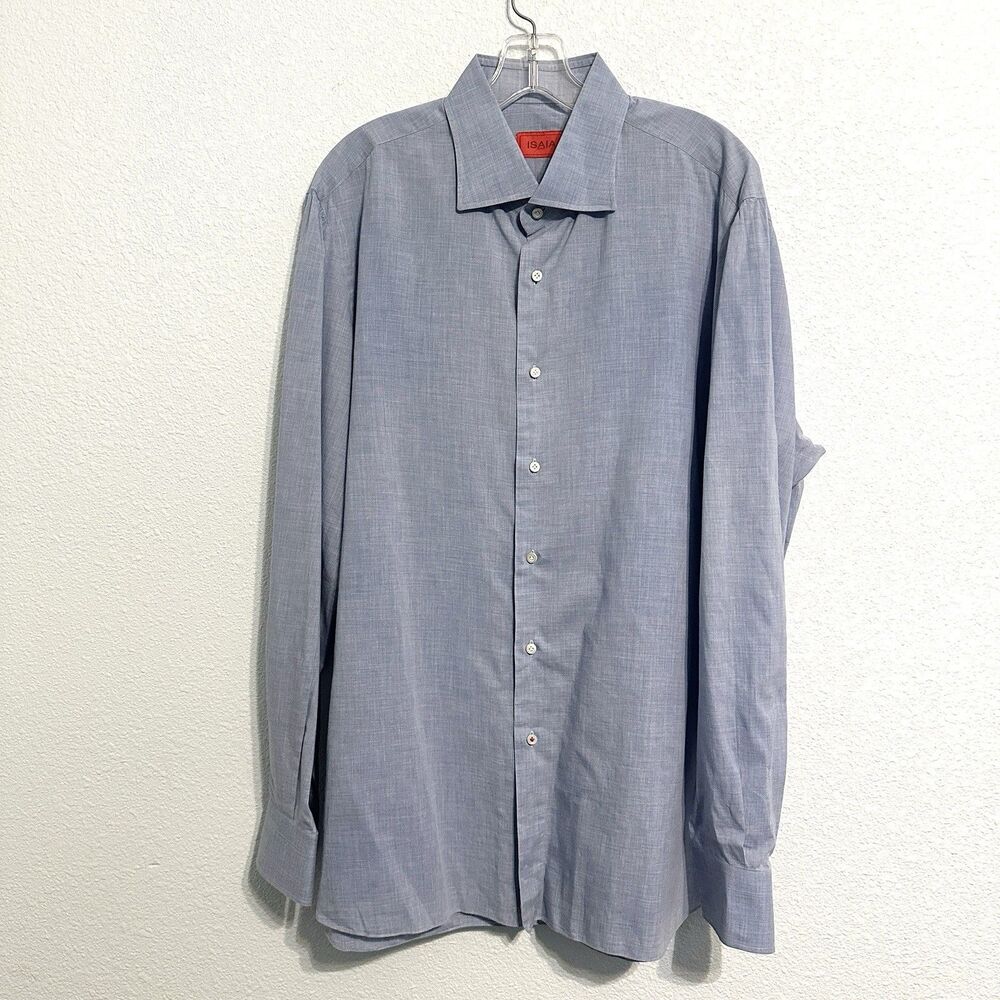 Isaia Napoli Dress Shirt Mens 17 43 Blue Long Sleeve Cotton Made In Italy Spread